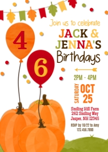 Pumpkin Balloons Fall Birthday Invitation 1: Fall Double Birthday Invitation - Pumpkin Balloons
