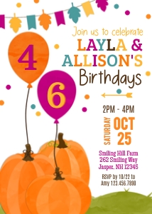 Pumpkin Balloons Fall Birthday Invitation 2: Fall Double Birthday Invitation - Pumpkin Balloons