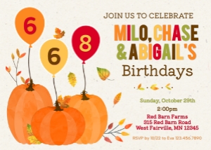 Three Balloon Pumpkin Fall Birthday Invitation 4: Fall Pumpkin Triple Birthday Invitation