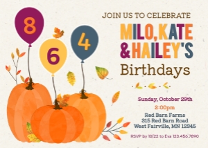 Three Balloon Pumpkin Fall Birthday Invitation 3: Fall Pumpkin Triple Birthday Invitation