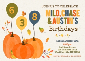 Three Balloon Pumpkin Fall Birthday Invitation 2: Fall Pumpkin Triple Birthday Invitation