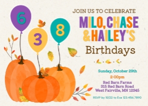 Three Balloon Pumpkin Fall Birthday Invitation: Fall Pumpkin Triple Birthday Invitation