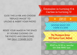 Ribbons Photo Birthday Invitation 1A: Colorful Ribbons Photo Birthday Invitation