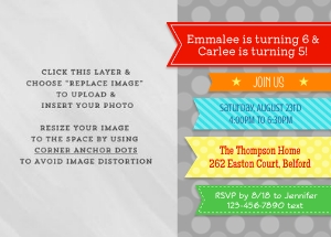 Rainbow Ribbons Birthday Invitation for 1 or 2 Kids design preview