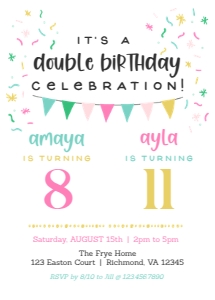 Double Birthday Invitation Template - Girl: Editable Double Birthday Invitation for 2 Kids