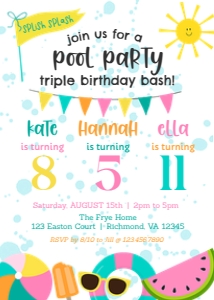 Pool Party Three Child Birthday Invitation: Pool Party Joint Birthday Invite Template
