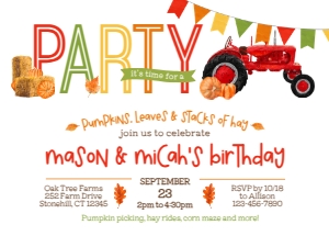 Tractor Pumpkin Patch Birthday Invitation: Tractor Pumpkin Patch Joint Birthday Invitation
