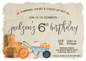 Wheelbarrow Fall Birthday Invitation: Wheelbarrow & Pumpkin Fall Joint Birthday Invitation