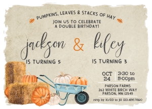 Wheelbarrow Fall Double Birthday Invitation: Wheelbarrow & Pumpkin Fall Joint Birthday Invitation