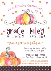 Pink Pumpkin Fall Birthday Invite: Sibling Pumpkin Birthday Invite Template