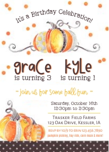 Watercolor Pumpkin Birthday Invite: Sibling Pumpkin Birthday Invite Template