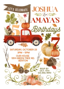 Fall Botanical Joint Birthday: Rustic Fall Pumpkin Double Birthday Invitation