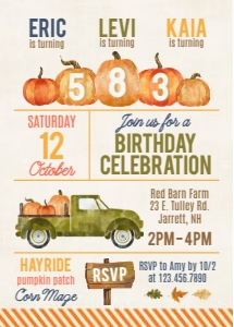 Rustic Fall Triple Birthday Invitation: Pumpkin Patch Sibling Fall Birthday Invite