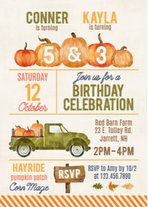 Rustic Fall Double Birthday Invitation: Pumpkin Patch Sibling Fall Birthday Invite