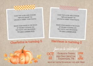 Fall Pumpkin Double Birthday Invitation w/ Photos: Editable Pumpkin Fall Sibling Invite with Photos