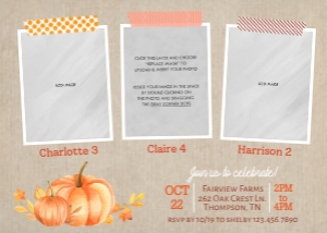 Fall Pumpkin Triple Birthday Invitation w/ Photos: Editable Pumpkin Fall Sibling Invite with Photos