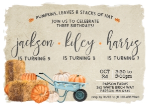 Wheelbarrow Fall Triple Birthday Invitation: Wheelbarrow & Pumpkin Fall Joint Birthday Invitation