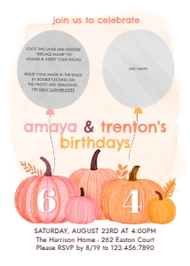 Pumpkin Fall Photo Birthday Invite 1: Boy Girl Fall Joint Birthday Invite with Photos