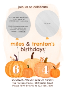 Pumpkin Fall Photo Birthday Invite 3: Boy Girl Fall Joint Birthday Invite with Photos