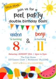 Pool Party Double Birthday Invitation: Pool Party Joint Birthday Invite Template