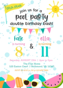 Pool Party Two Child Birthday Invitation: Pool Party Joint Birthday Invite Template