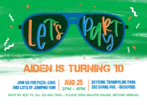 Sunglasses Boy Birthday Invitation 1C: Sunglasses Tween Boy Birthday Invite Template