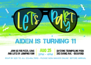 Sunglasses Boy Birthday Invitation 1B: Sunglasses Tween Boy Birthday Invite Template