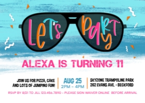 Sunglasses Girl Birthday Invitation 1C: Sunglasses Tween Girl Birthday Invite Template