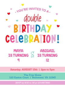 RAINBOW TEXT INVITE: Colorful Girls Double Birthday Invitation Template