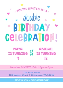 RAINBOW TEXT INVITE 2: Colorful Girls Double Birthday Invitation Template