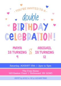 RAINBOW TEXT INVITE 3: Colorful Girls Double Birthday Invitation Template