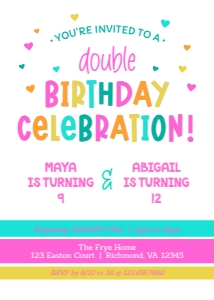 RAINBOW TEXT INVITE 4: Colorful Girls Double Birthday Invitation Template