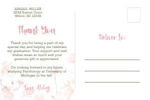 4x6" Postcard Back - Floral Graduation Thank You: Pink Floral Graduation Thank You Card