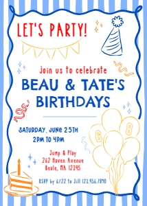 Whimsical Stripes Boys Joint Birthday Invitation design preview