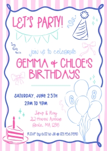 Whimsical Stripes Girls Joint Birthday Invitation design preview
