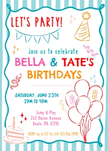 Whimsical Stripes Boy Girl Joint Birthday Invite design preview