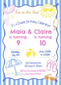 Summer Birthday Party Invitation - Girls 1: Girls Summer Double Birthday Invitation