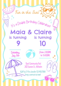 Summer Birthday Party Invitation - Girls 2: Girls Summer Double Birthday Invitation