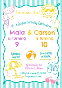 Summer Joint Birthday Party Invitation 3: Summer Joint Birthday Invitation Template