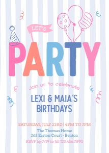 Let's Party Joint Birthday Invitation 5: Colorful Girls Birthday Invitation Printable