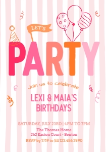 Let's Party Joint Birthday Invitation 4: Colorful Girls Birthday Invitation Printable