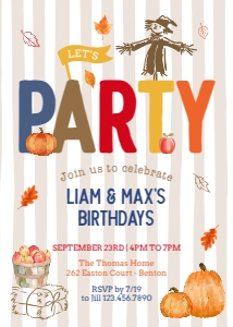 Let's Party Fall Birthday Invitation 2: Striped Fall Birthday Invitation