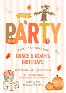 Let's Party Fall Birthday Invitation 1: Striped Fall Birthday Invitation