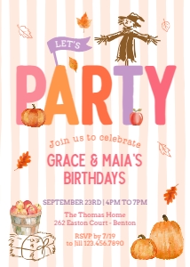 Let's Party Fall Birthday Invitation 3: Striped Fall Birthday Invitation