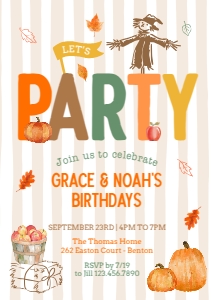 Let's Party Fall Birthday Invitation 1B: Striped Fall Birthday Invitation