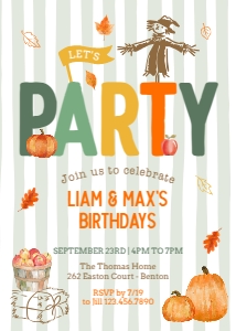 Let's Party Fall Birthday Invitation 2B: Striped Fall Birthday Invitation