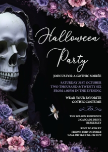 5 x 7 Gothic Halloween Party Invite with Skull design preview