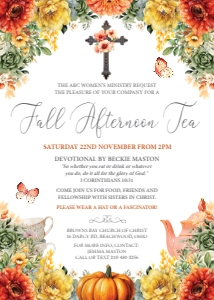 5 x 7 Women Ministries Fall Afternoon Tea Invite Green Orange design preview