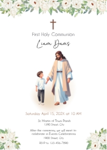 Jesus and boy white flowers Communion Invitation: Jesus and boy white flowers Communion Invitation