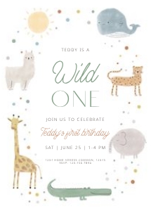 0306 boho animal invitation: Boho Wild One First Birthday Invitation, Editable boho pastel Ani